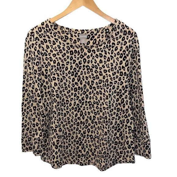Chico's Womens Tan Black Animal Print 3/4 Sleeve Cotton Blend Top Size 2 NWOT - Picture 1 of 7
